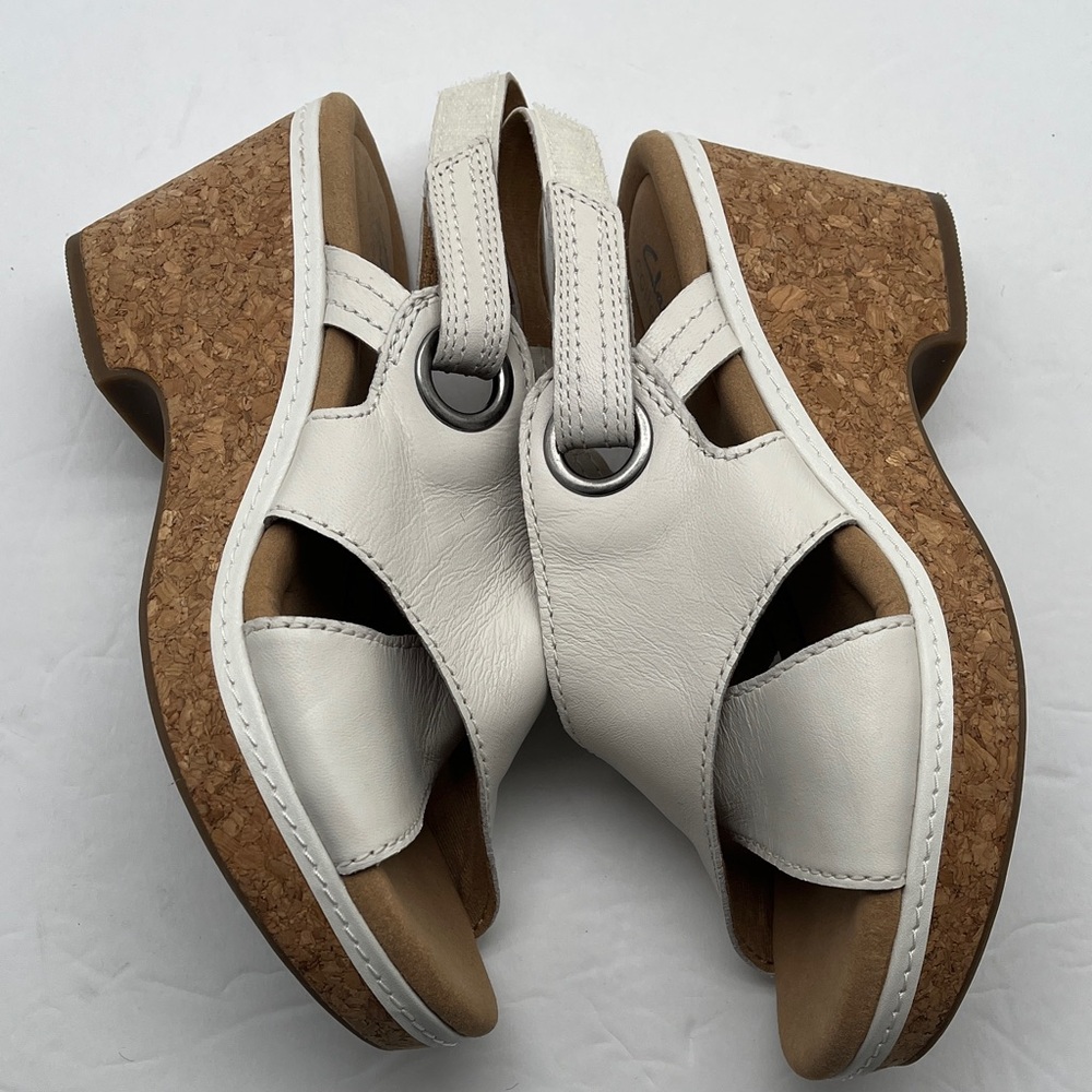 Clarks Leather Wedge Sandals Open Toe Women's 6.5 White Comfort - Picture 5 of 16